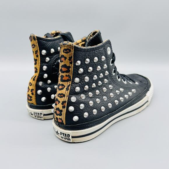 Converse Shoes Womens 6.5 Black Leather All Star Studded High Top Leopard Punk - Picture 9 of 12
